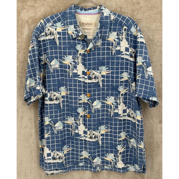 Tommy Bahama Shirt Men Large Blue Silk Cotton Hawaiian Button Up Floral Tropical - Picture 1 of 9